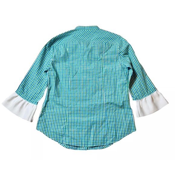 Pearly Vine Button Down Check Women's Blouse Top White Ruffle Ribbon Trim Size S - Picture 11 of 12